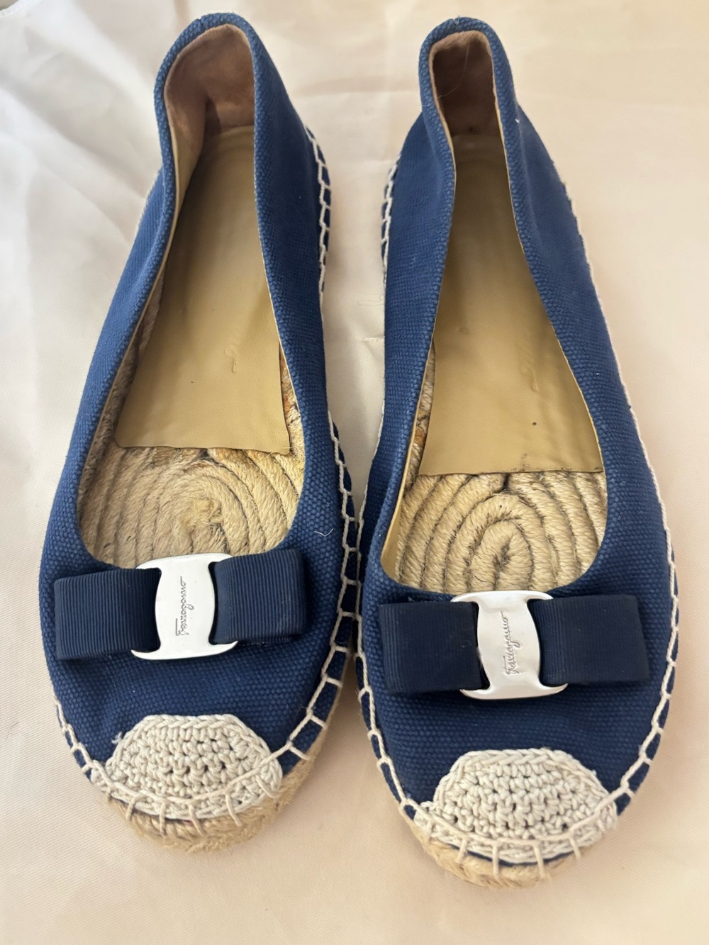 Salvatore Ferragamo Navy Canvas Bow Espadrille Flats